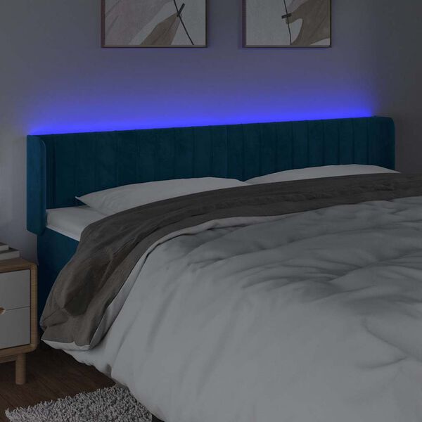 vidaXL Cabeceira cama c/ luzes LED veludo 183x16x78/88 cm azul-escuro