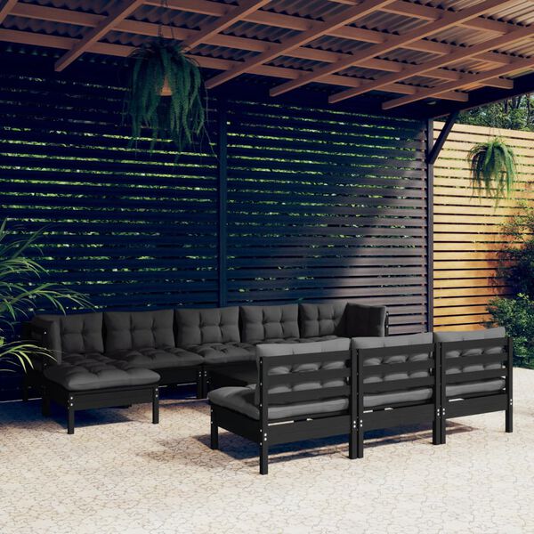 vidaXL 11 pcs conjunto lounge de jardim c/ almofad&otilde;es pinho preto