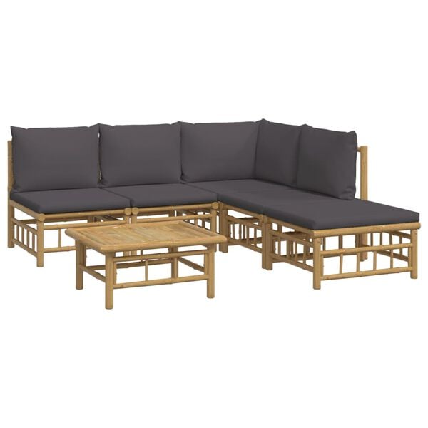vidaXL 6 pcs conjunto lounge jardim bambu c/ almofad&otilde;es cinza-escuro