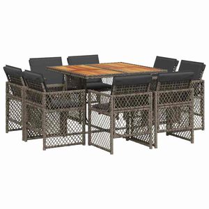 vidaXL 9 pcs conjunto de jantar p/ jardim c/ almofad&otilde;es vime PE cinza
