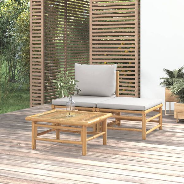 vidaXL 3 pcs conj. lounge de jardim bambu c/ almofadões cinzento-claro