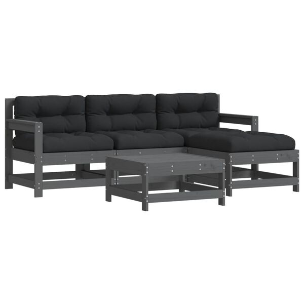 vidaXL 5pcs conjunto lounge jardim com almofad&otilde;es madeira maci&ccedil;a cinza
