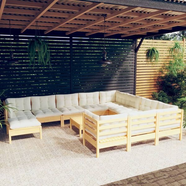 vidaXL 12 pcs conjunto lounge de jardim c/ almofadões cor creme pinho
