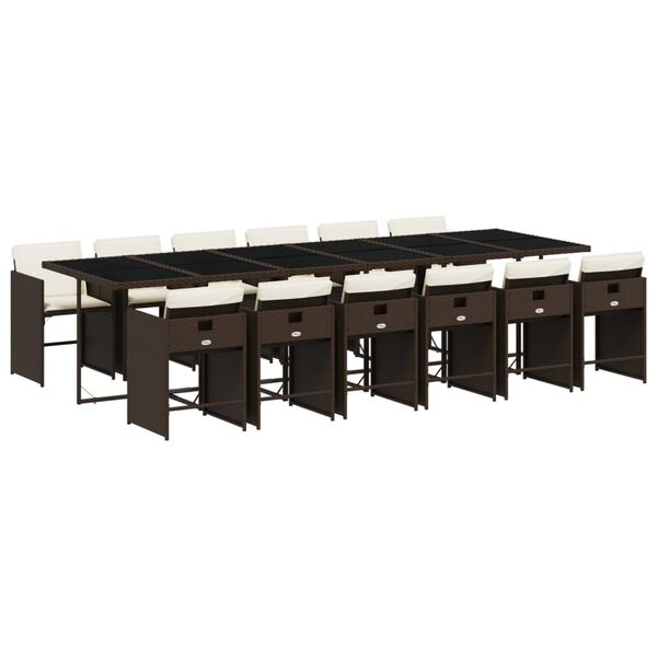 vidaXL 13 pcs conjunto jantar p/ jardim c/ almofad&otilde;es vime PE castanho