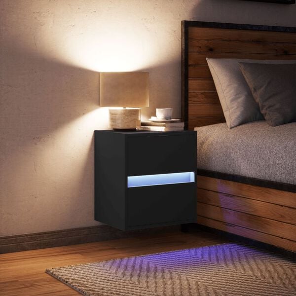 vidaXL Mesa de cabeceira de parede com luzes LED preto