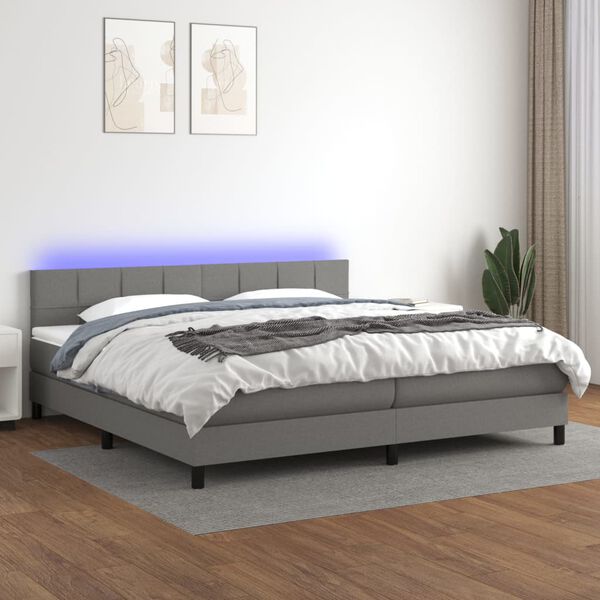 vidaXL Cama box spring c/ colch&atilde;o e LED 200x200 cm tecido cinza-escuro
