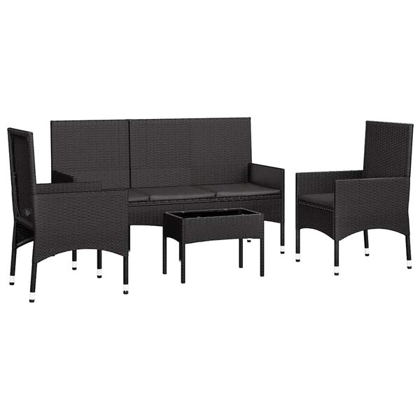 vidaXL 4 pcs conjunto lounge de jardim c/ almofad&otilde;es vime PE preto