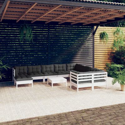 vidaXL 11 pcs conjunto lounge de jardim c/ almofadões pinho branco
