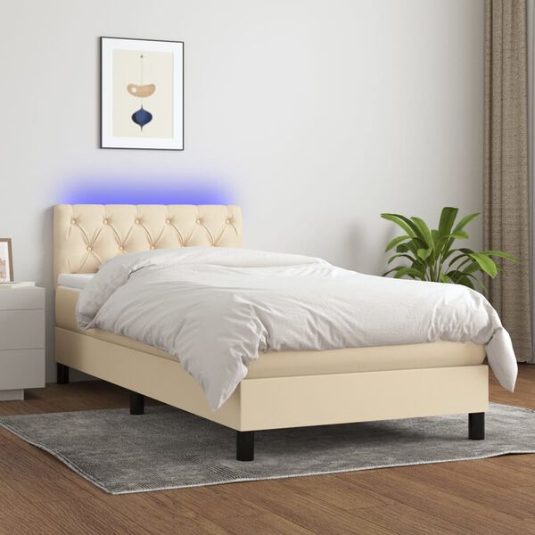 vidaXL Cama box spring c/ colch&atilde;o e LED 80x200 cm tecido cor creme
