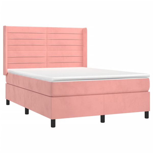 vidaXL Cama box spring c/ colch&atilde;o/LED 140x190 cm veludo rosa