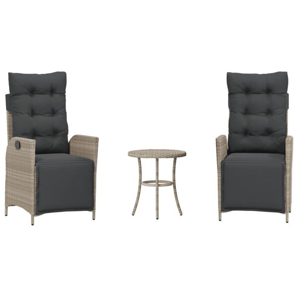 vidaXL 3 pcs conjunto bistr&ocirc; com almofad&otilde;es vime PE cinzento claro