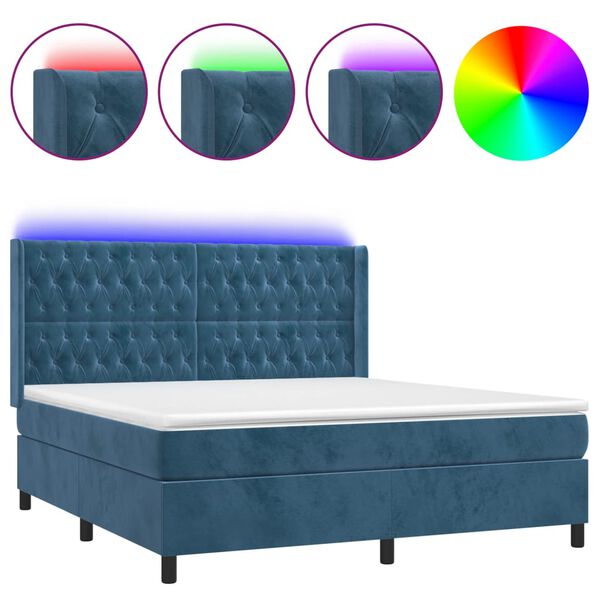 vidaXL Cama box spring c/ colch&atilde;o/LED 160x200 cm veludo azul-escuro