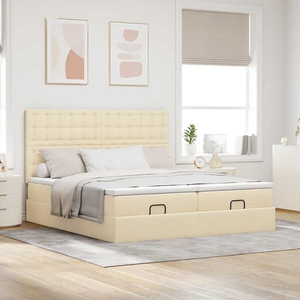 vidaXL Estrutura de cama otomana com colch&otilde;es tecido creme 180x200cm