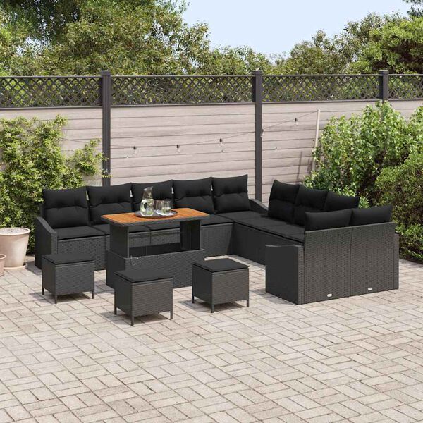 vidaXL Conjunto de Sof&aacute; de Jardim com almofada 14 pcs Preto vime PE