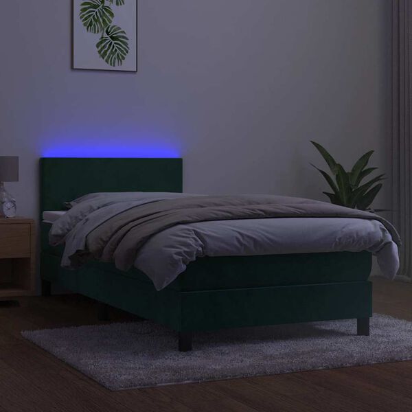 vidaXL Cama box spring c/ colch&atilde;o/LED 90x200 cm veludo verde-escuro