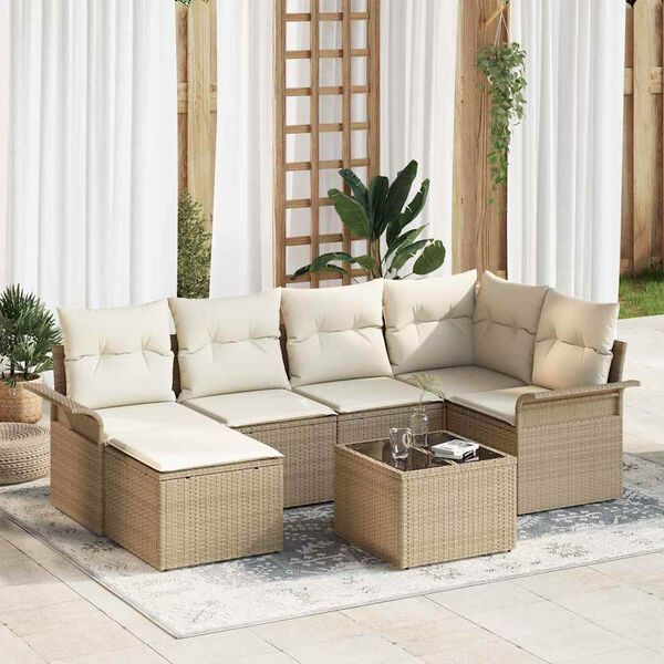vidaXL Conjunto de Sof&aacute; de Jardim com almofada 7 pcs Bege vime PE