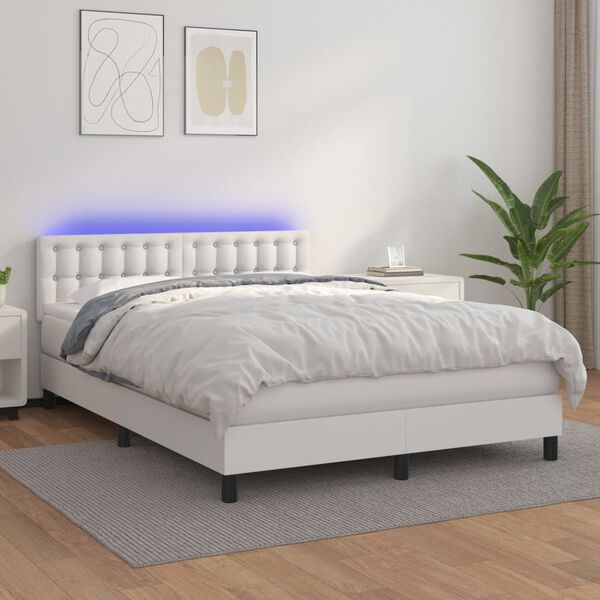 vidaXL Cama box spring c/colch&atilde;o/LED 140x200cm couro artificial branco