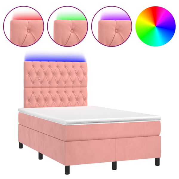 vidaXL Cama box spring c/ colch&atilde;o/LED 120x200 cm veludo rosa
