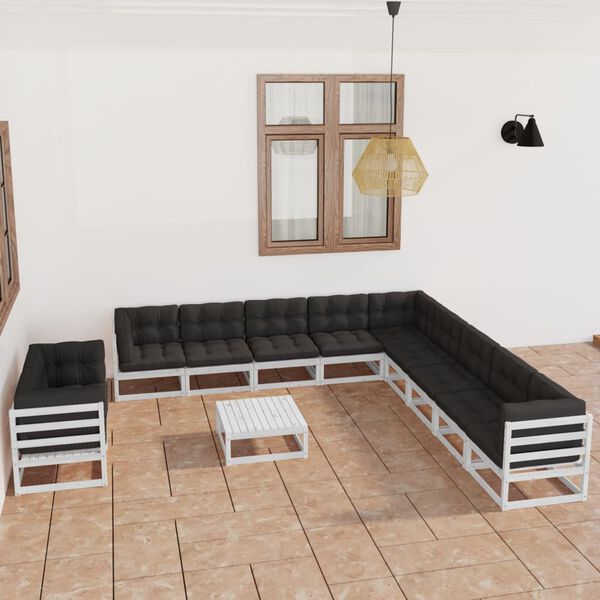vidaXL 12 pcs conj. lounge de jardim c/ almofad&otilde;es pinho maci&ccedil;o branco