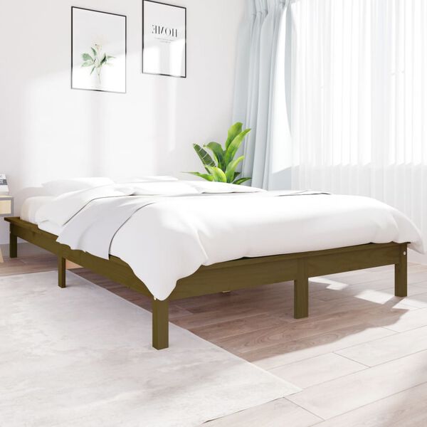 vidaXL Estrutura de cama de casal 135x190 cm pinho maci&ccedil;o castanho mel