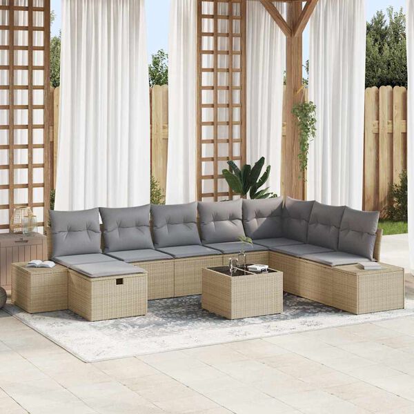 vidaXL Conjunto de Sof&aacute; de Jardim 9 pcs Bege Rattan Sint&eacute;tico