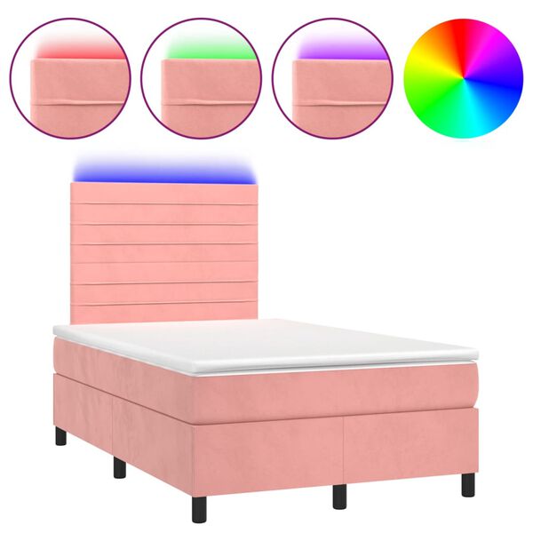vidaXL Cama box spring c/ colch&atilde;o luzes e LED 120x190 cm veludo rosa