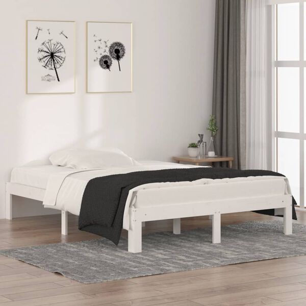 vidaXL Estrutura de cama casal 135x190 cm madeira maci&ccedil;a branco