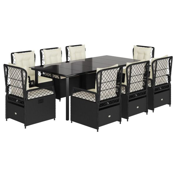 vidaXL 9 pcs conjunto de jantar p/ jardim c/ almofad&otilde;es vime PE preto