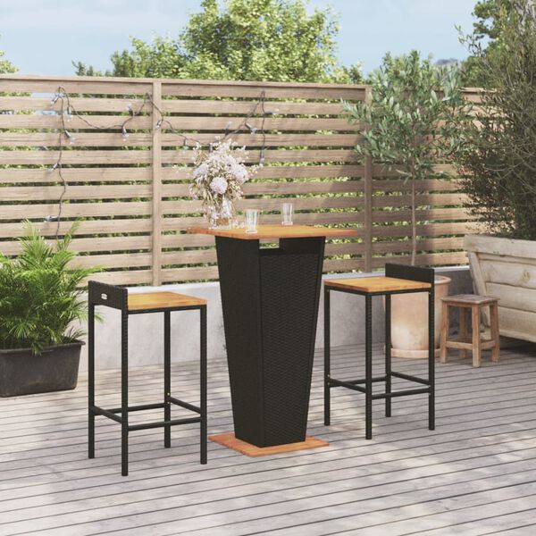 vidaXL 3 pcs conjunto de bar p/ jardim vime PE/ac&aacute;cia maci&ccedil;a preto