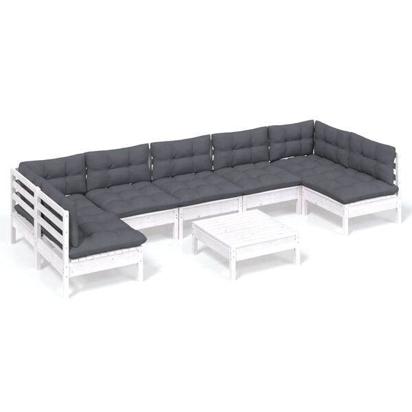 vidaXL 8 pcs conj. lounge de jardim c/ almofad&otilde;es pinho maci&ccedil;o branco