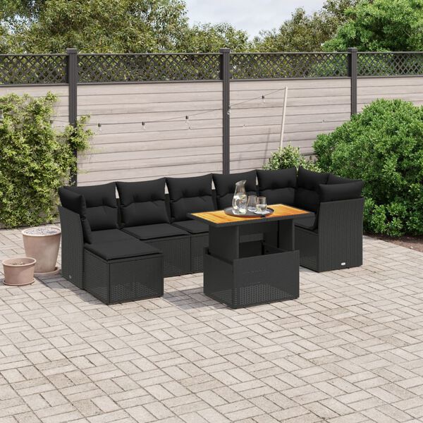 vidaXL 8 pcs conjunto sofás de jardim com almofadões vime PE preto