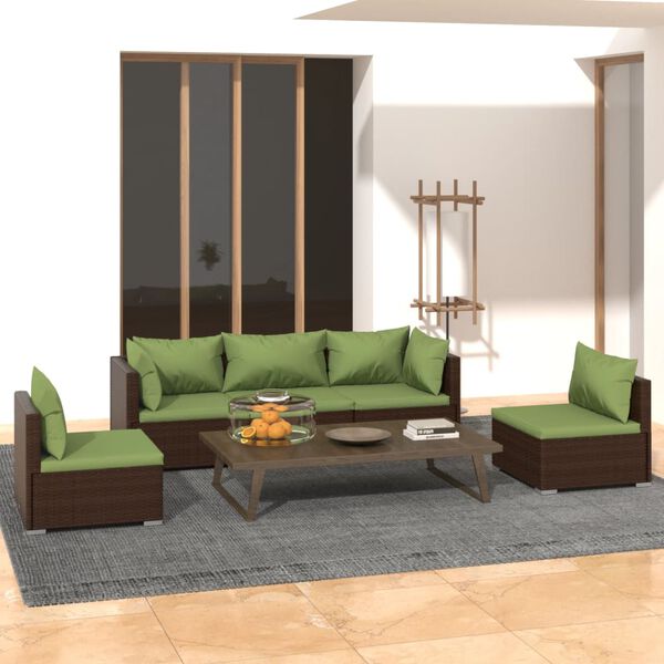 vidaXL 5 pcs conjunto lounge de jardim c/ almofad&otilde;es vime PE castanho