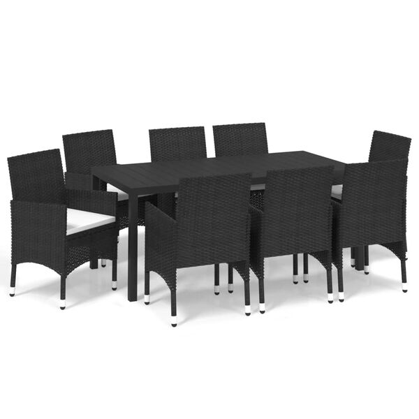 vidaXL 9 pcs conjunto de jantar p/ jardim c/ almofad&otilde;es vime PE preto