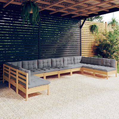 vidaXL 10pcs conjunto lounge de jardim + almofadões cinza pinho maciço