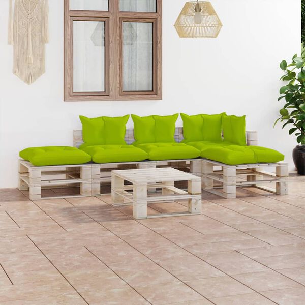 vidaxL Conjunto lounge de paletes p/ jardim 6 pcs c/ almofad&otilde;es pinho