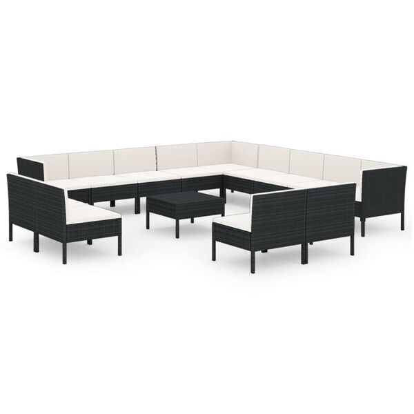 vidaXL 14 pcs conjunto lounge de jardim c/ almofad&otilde;es vime PE preto