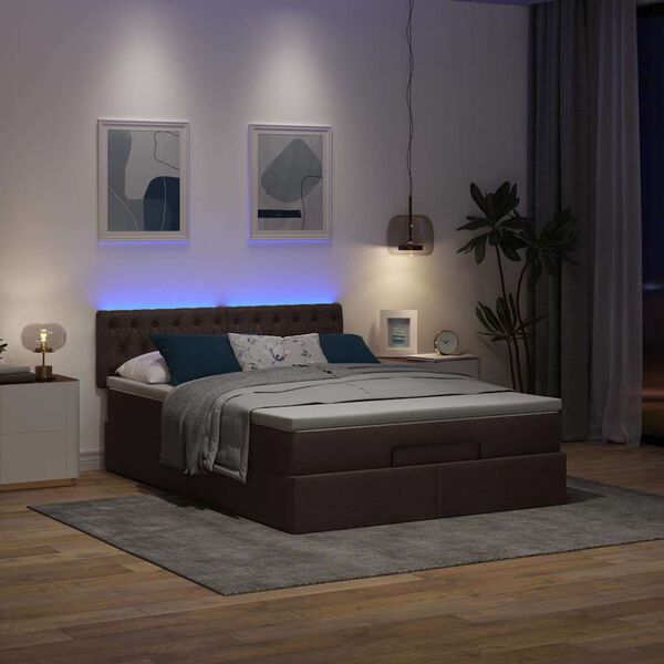 vidaXL Cama otomana com colch&atilde;o & LEDs 140x190 cm castanho escuro