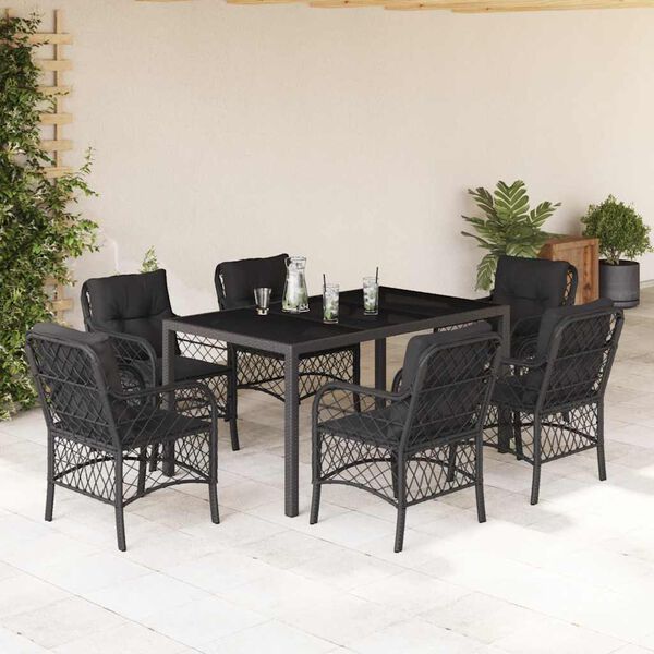 vidaXL 7 pcs conjunto de jantar p/ jardim c/ almofad&otilde;es vime PE preto