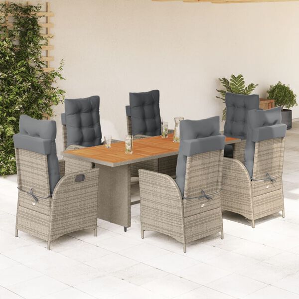 vidaXL 7 pcs conjunto de jantar p/ jardim c/ almofad&otilde;es vime PE cinza