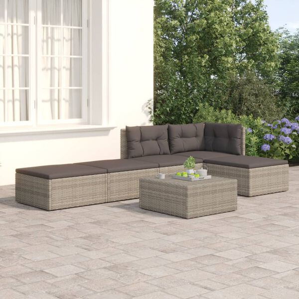 vidaXL 5 pcs conjunto lounge de jardim c/ almofad&otilde;es vime PE cinzento