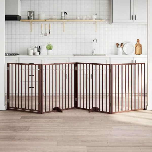 vidaXL Port&atilde;o para c&atilde;es com porta dobr&aacute;vel, 4 pain&eacute;is, marrom, 320 cm, madeira de &aacute;lamo