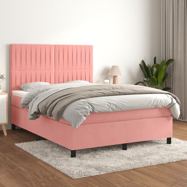vidaXL Cama com molas/colch&atilde;o 140x200 cm veludo rosa