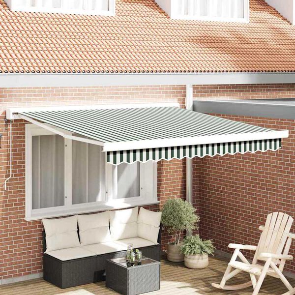 vidaXL Toldo Retrátil Manual Verde e branco 350 x 250 cm Tecido, Metal