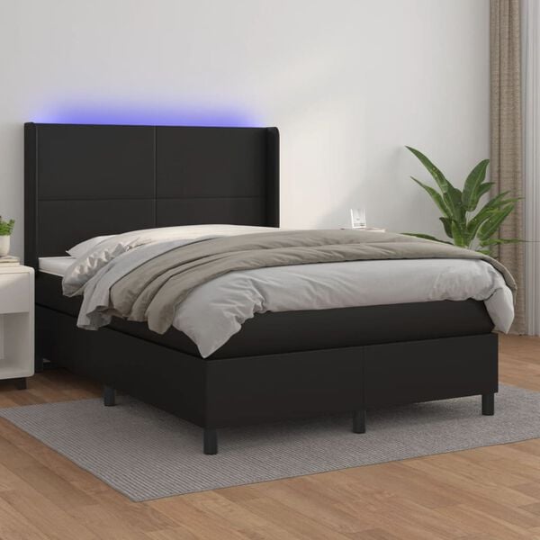 vidaXL Cama box spring c/ colchão/LED 140x200cm couro artificial preto