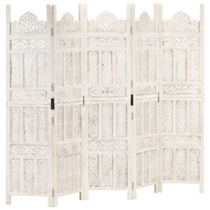 vidaXL Biombo esculp. m&atilde;o 5 pain&eacute;is 200x165cm mangueira maci&ccedil;a branco