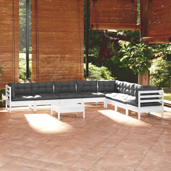 vidaXL 9 pcs conj. lounge de jardim c/ almofad&otilde;es pinho maci&ccedil;o branco