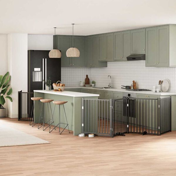 vidaXL Port&atilde;o p/ c&atilde;es com porta dobr&aacute;vel 10 pain&eacute;is 800 cm &aacute;lamo preto