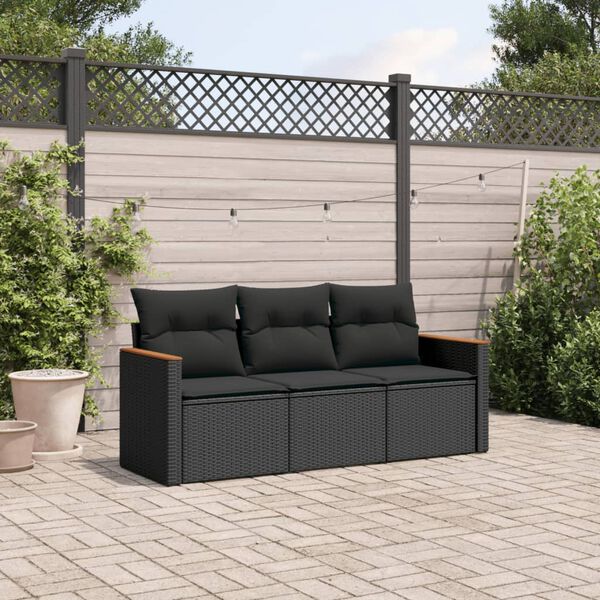 vidaXL 3 pcs conjunto sof&aacute;s de jardim com almofad&otilde;es vime PE preto