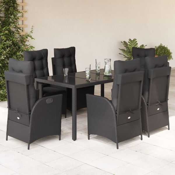 vidaXL 7 pcs conjunto de jantar p/ jardim c/ almofad&otilde;es vime PE preto