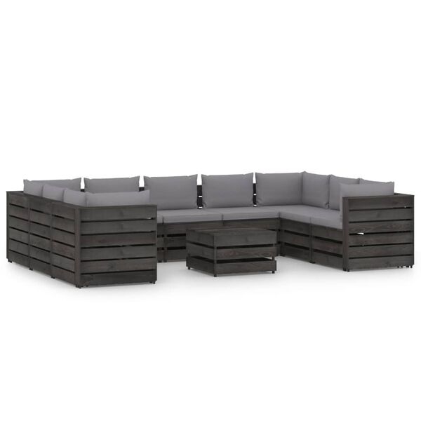 vidaXL 10 pcs conj. lounge jardim c/ almofad&otilde;es madeira impreg. cinza